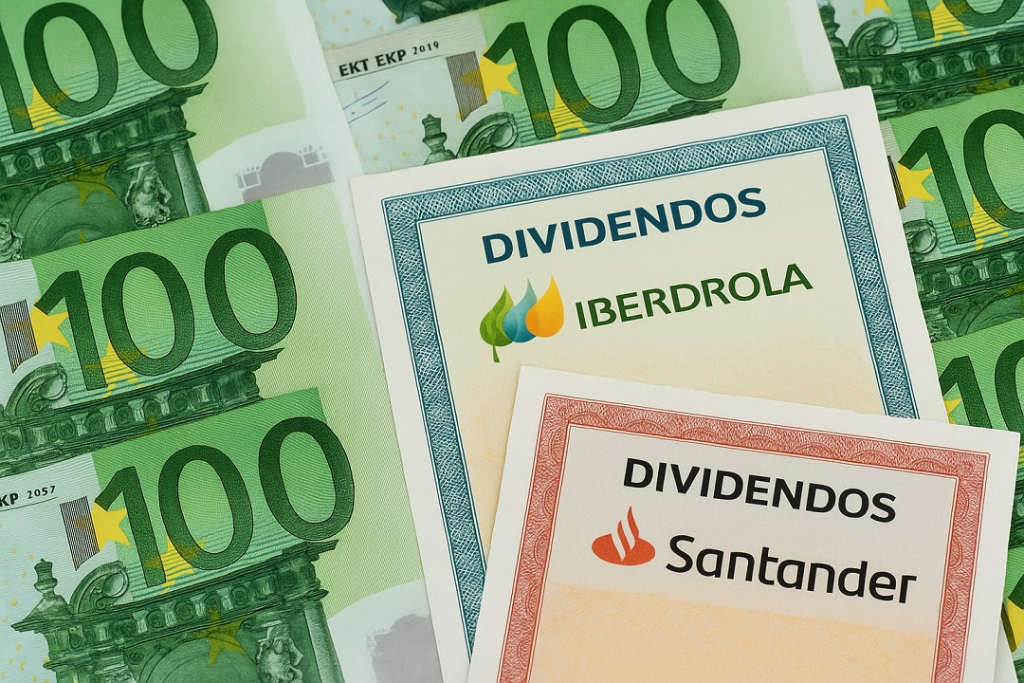 Billetes de euro junto a acciones en papel con logos de Iberdrola y Santander, simbolizando la inversión en dividendos en España
