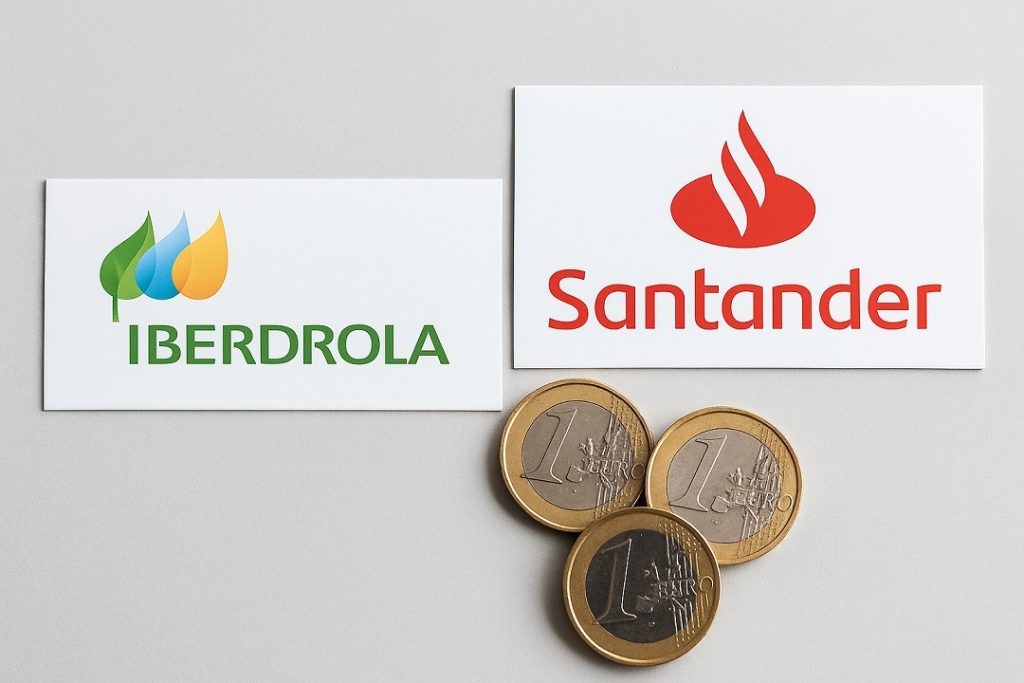 Logo de Iberdrola y Banco Santander junto a monedas de euro, simbolizando las acciones con dividendo en España