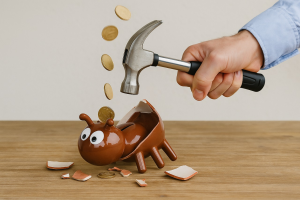 Mano rompiendo una hucha en forma de hormiga, simbolizando la eliminación de los gastos hormiga