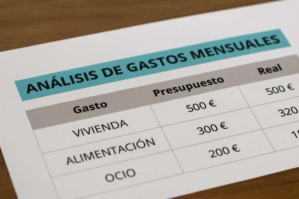 Tabla de presupuesto mensual con categorías de vivienda, alimentación y ocio en España