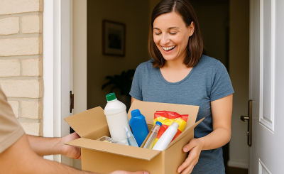 Persona recibiendo una caja con productos gratuitos solicitados por internet en España
