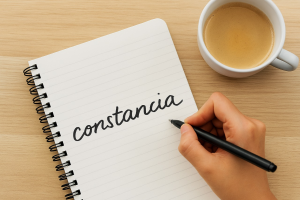 Persona escribiendo la palabra “constancia” en un cuaderno, representando la importancia de mantener hábitos financieros a largo plazo