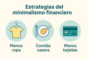 Ilustración con iconos de ropa, comida casera y tarjeta de crédito, representando estrategias del minimalismo financiero
