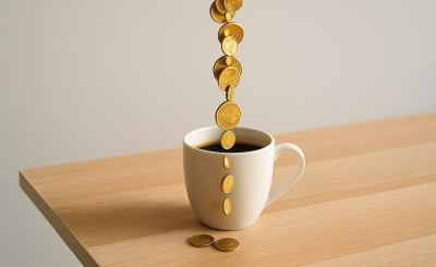 Monedas cayendo de una taza de café, simbolizando cómo los pequeños gastos diarios afectan las finanzas personales