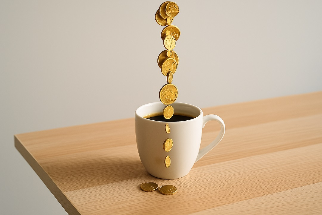Monedas cayendo de una taza de café, simbolizando cómo los pequeños gastos diarios afectan las finanzas personales