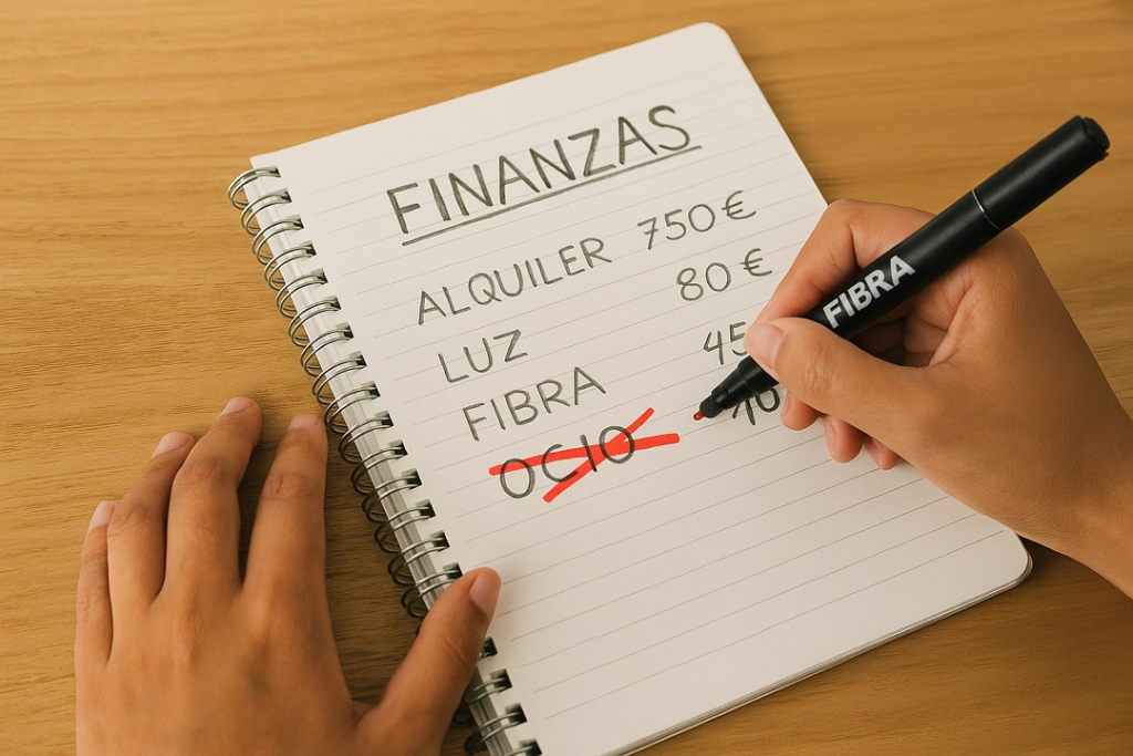 Persona tachando gastos en una libreta de finanzas, representando cómo recortar gastos innecesarios para ahorrar una entrada de vivienda