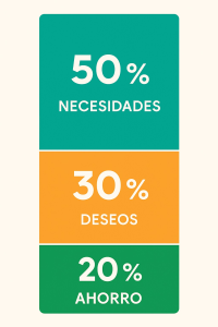 nfografía en español mostrando la regla 50/30/20: 50 % necesidades, 30 % deseos y 20 % ahorro.