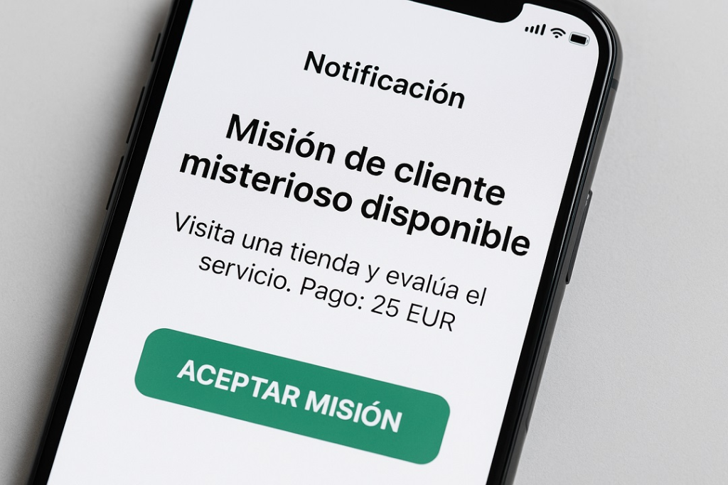 Notificación en un móvil mostrando misión disponible de cliente misterioso.