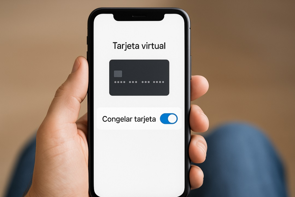 Función de congelar tarjeta virtual en app bancaria para evitar cobros automáticos de suscripciones.