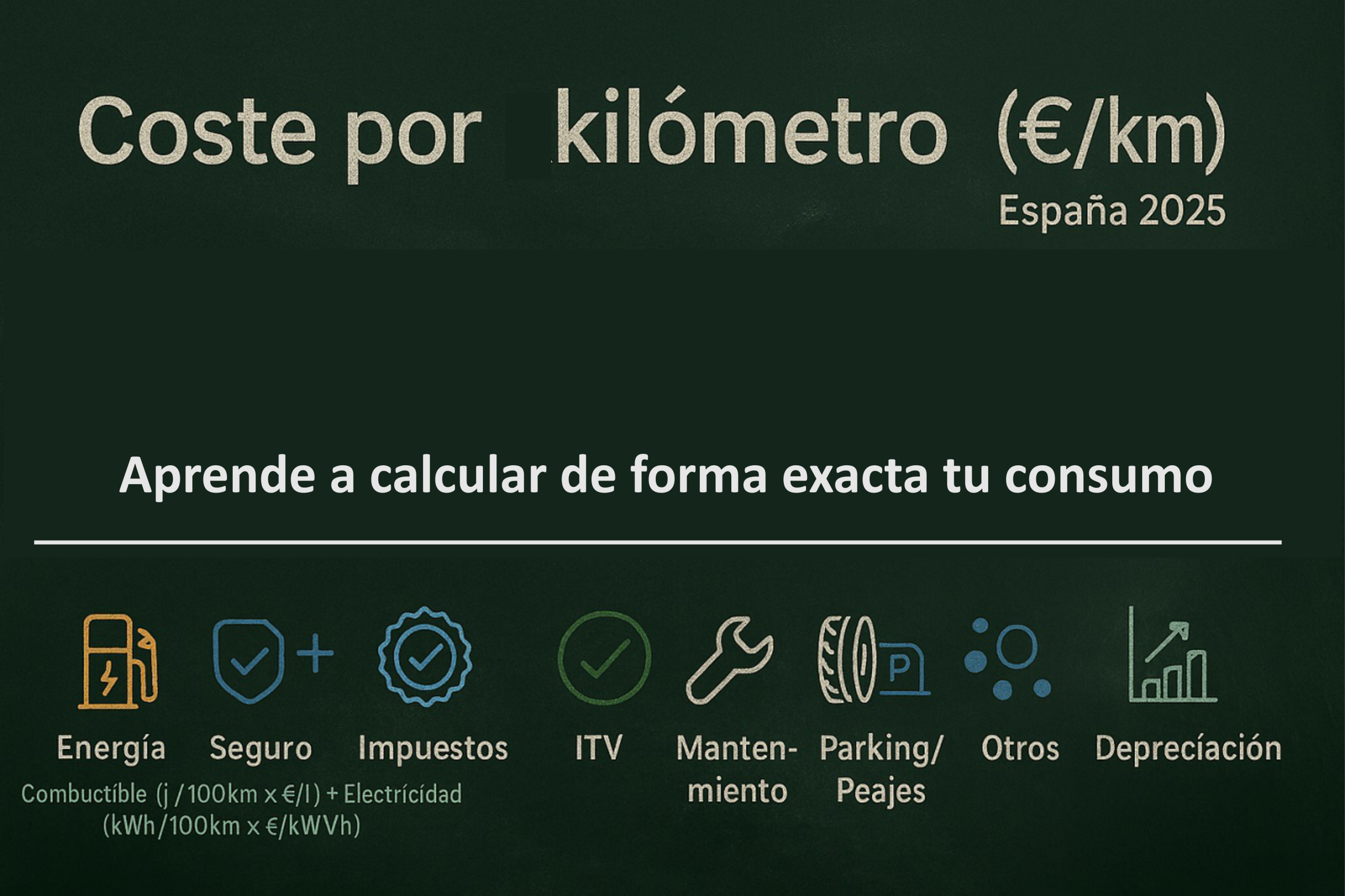 Infografía con la fórmula del coste por kilómetro del coche: energía, seguro, impuestos, mantenimiento, neumáticos y depreciación.