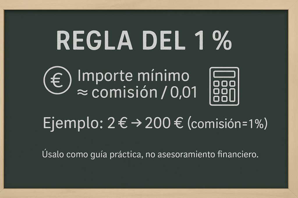 Infografía de la regla del 1% para calcular el importe mínimo de inversión según comisiones en España.