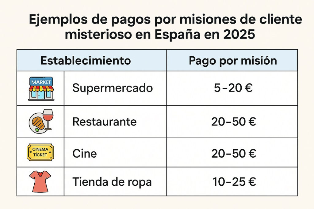 Infografía con ejemplos de pagos por misiones de cliente misterioso en España en 2025.