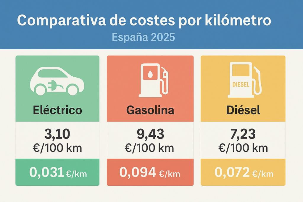 Infografía comparativa del coste por kilómetro entre coche eléctrico, gasolina y diésel en España 2025.