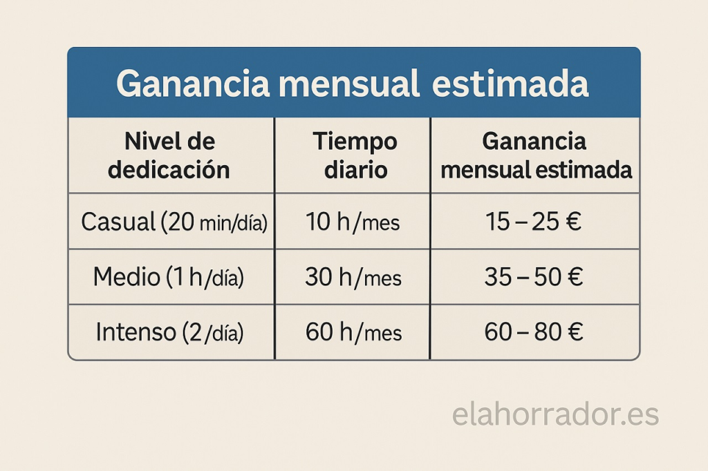Tabla con estimación de ganancias mensuales por jugar 20 minutos, 1 hora o 2 horas al día en España 2025.