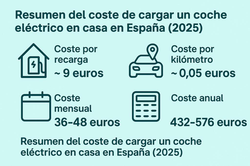 Infografía resumen con los datos de coste por carga, por 100 km y ahorro anual del coche eléctrico en España 2025.